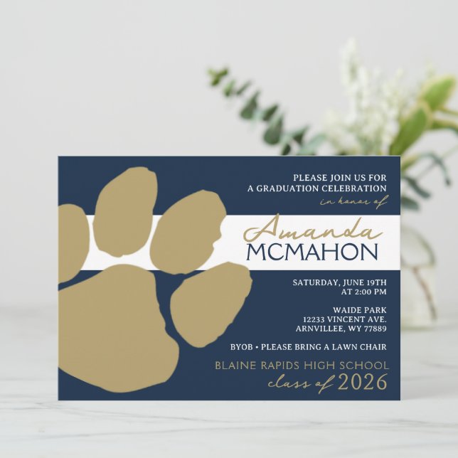 Navy Blue and Gold Elegant Pawprint (Photo Back) Invitation (Standing Front)