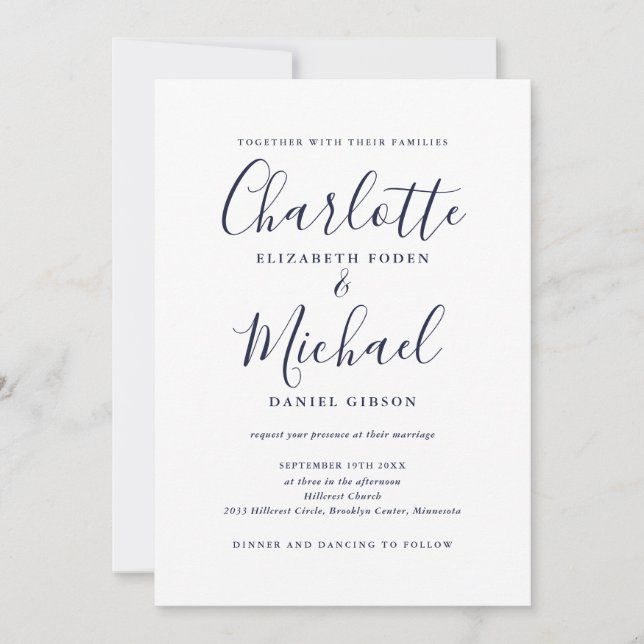 Navy Blue And Gold Elegant Script QR Code Wedding Invitation (Front)
