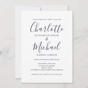 Navy Blue And Gold Elegant Script QR Code Wedding Invitation