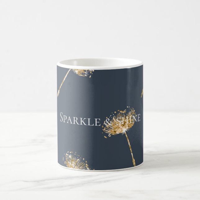 Navy Blue and Gold Faux Glitter Dandelion Flowers Coffee Mug (Center)