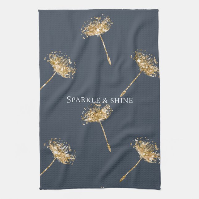 Navy Blue and Gold Faux Glitter Dandelion Flowers Tea Towel (Vertical)