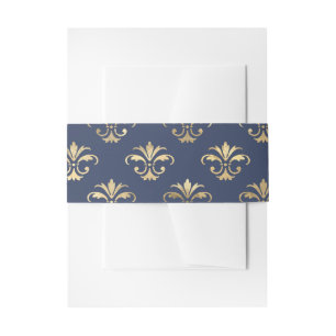 Navy Blue and Gold Fleur-de-Lis Pattern Invitation Belly Band