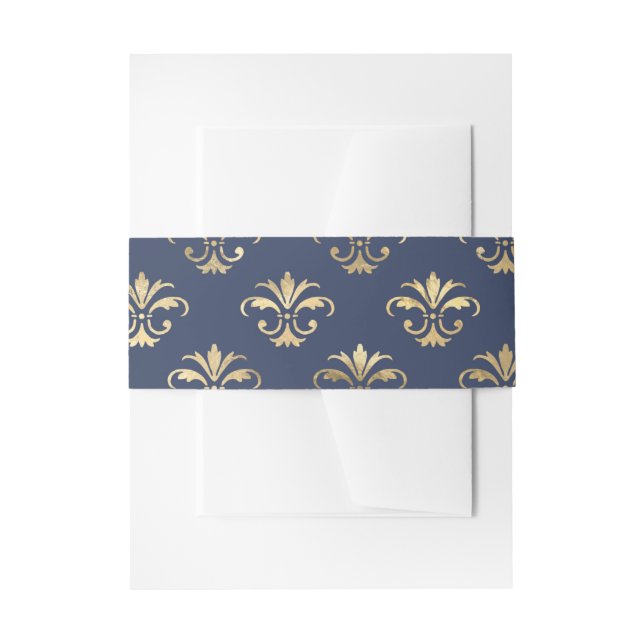 Navy Blue and Gold Fleur-de-Lis Pattern Invitation Belly Band (Front Example)