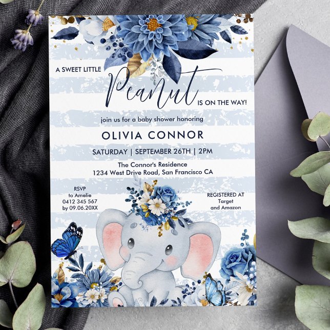Navy Blue and Gold Floral Elephant Baby Boy Shower Invitation (Creator Uploaded)