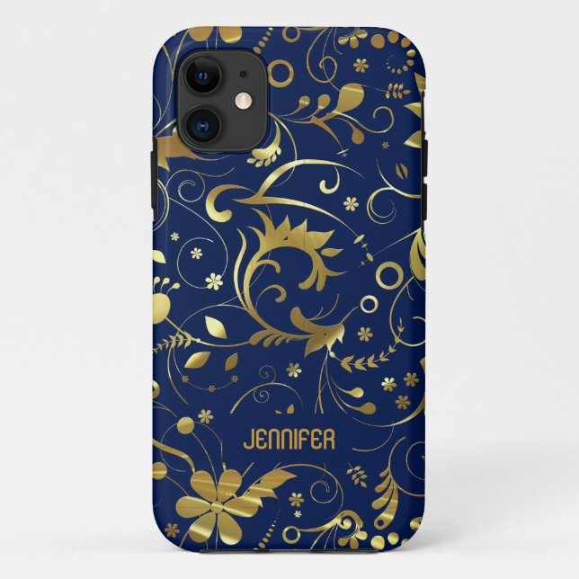 Navy Blue And Gold Floral Fabric Pattern Case-Mate iPhone Case (Back)