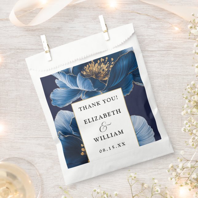 Navy Blue And Gold Floral Modern Wedding Thank You Favour Bags (Clipped)