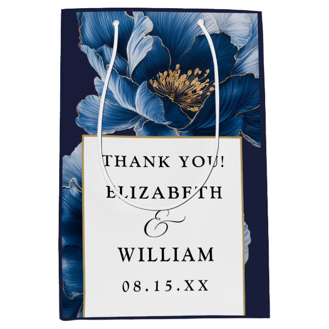Navy Blue And Gold Floral Modern Wedding Thank You Medium Gift Bag (Front)