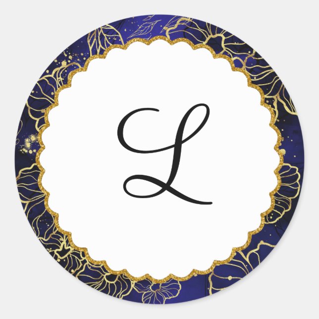Navy Blue and Gold Floral Monogram Sticker (Front)