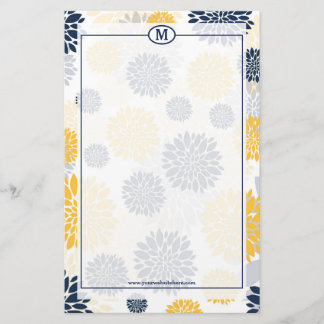 Navy Blue and Gold Floral Pattern Monogram Stationery
