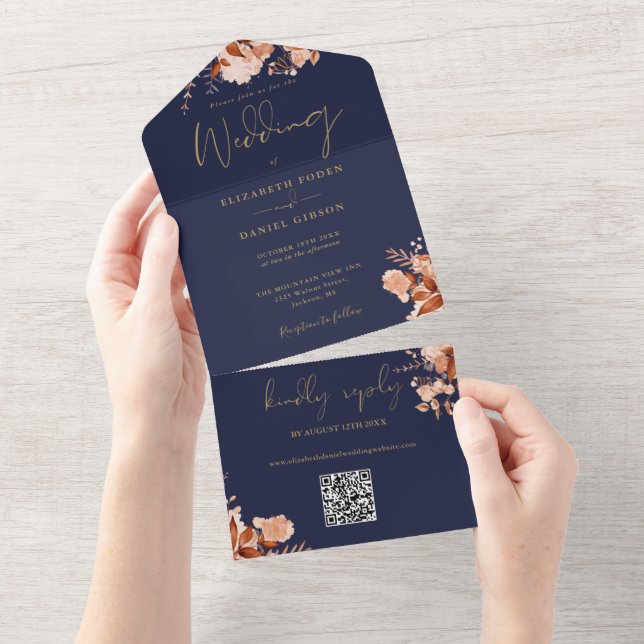 Navy Blue And Gold Floral QR Code Fall Wedding All In One Invitation (Tearaway)