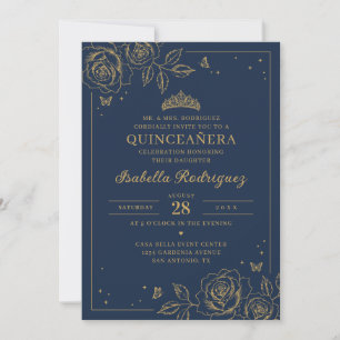 Navy Blue and Gold Floral Quinceañera Invitation