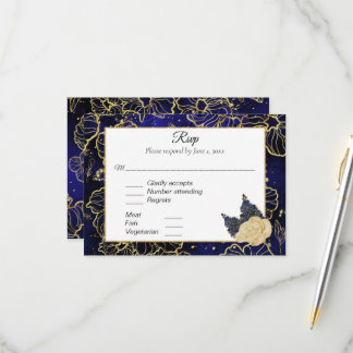 Navy Blue and Gold Floral RSVP Card