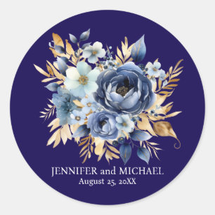 Navy Blue and Gold Floral Wedding Classic Round Sticker