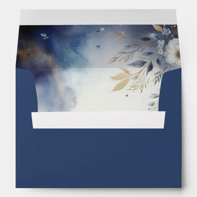  Navy Blue and Gold Floral Wedding Envelope (Back (Bottom))