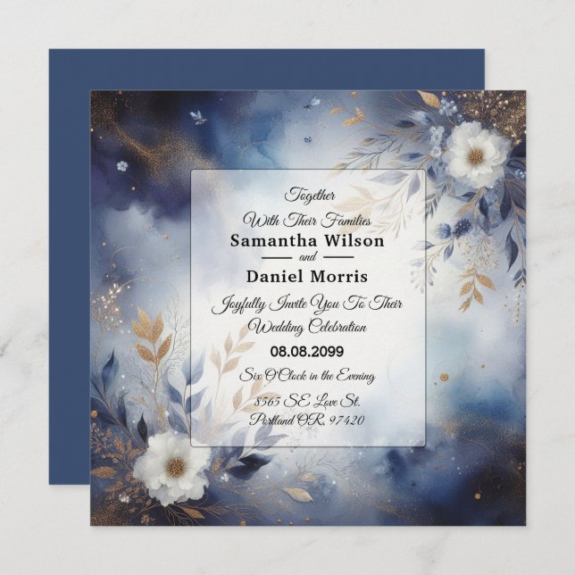 Navy Blue and Gold Floral Wedding  Invitation (Front/Back)