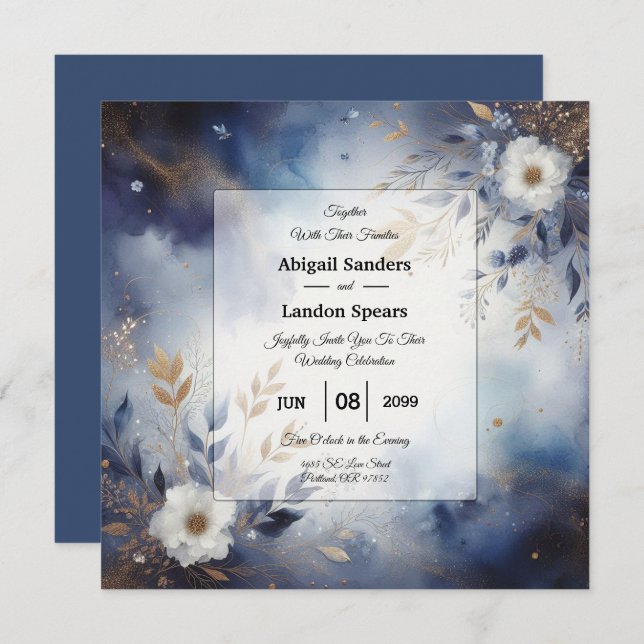 Navy Blue and Gold Floral Wedding  Invitation (Front/Back)