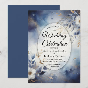 Navy Blue and Gold Floral Wedding Invitation