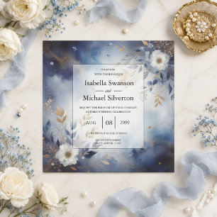 Navy Blue and Gold Floral Wedding  Invitation