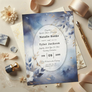 Navy Blue and Gold Floral Wedding Invitation