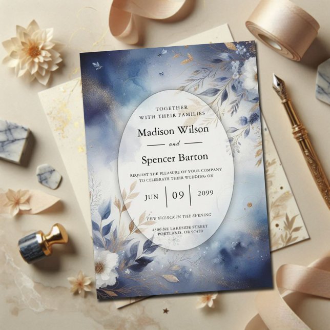 Navy Blue and Gold Floral Wedding Invitation (Creator Uploaded)