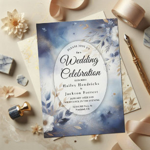 Navy Blue and Gold Floral Wedding Invitation