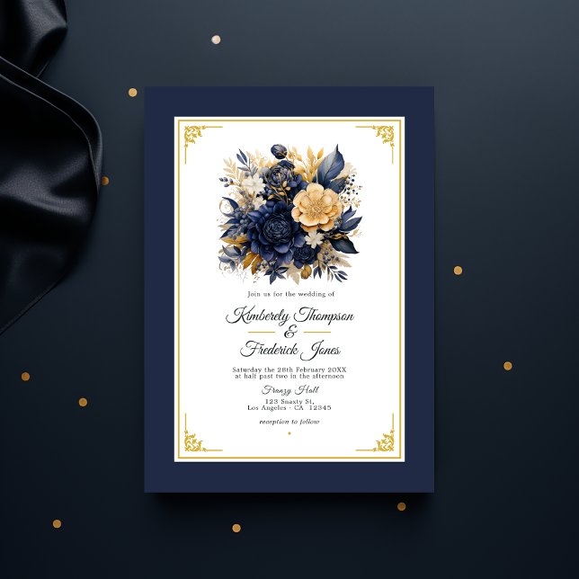 Navy Blue and Gold Floral Wedding Invitation (Navy and Gold Floral Wedding)