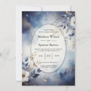 Navy Blue and Gold Floral Wedding Invitation