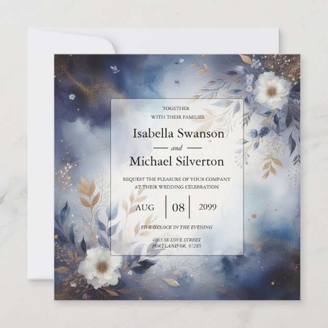 Navy Blue and Gold Floral Wedding  Invitation (Front)