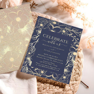 Navy Blue and Gold Floral Wedding Reception Invitation