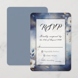 Navy Blue and Gold Floral Wedding RSVP Card
