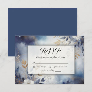 Navy Blue and Gold Floral Wedding RSVP Card