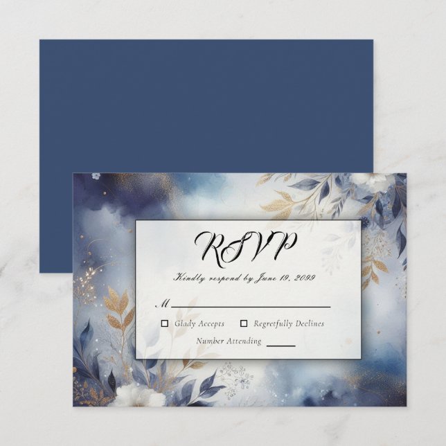 Navy Blue and Gold Floral Wedding RSVP Card (Front/Back)