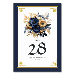 Navy Blue and Gold Floral Wedding Table Number