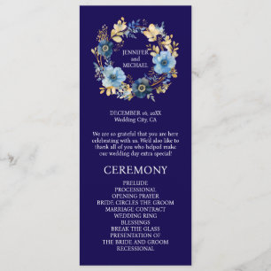 Navy Blue and Gold Flowers Wedding Program Programme