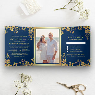 Navy Blue and Gold Foil Floral Leaves Wedding Tri-Fold Invitation