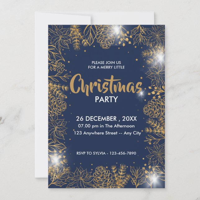 Navy Blue  And Gold Foliage Merry Christmas Party  Invitation (Front)