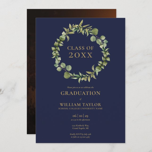 Navy Blue And Gold Garland Photo Graduation Party Invitation (Front/Back)