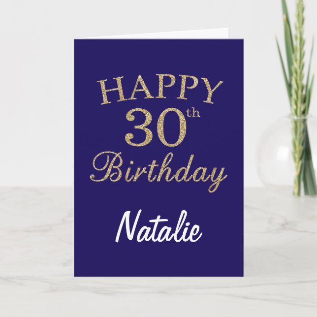 Navy Blue and Gold Glitter 30th Birthday Card (Front)