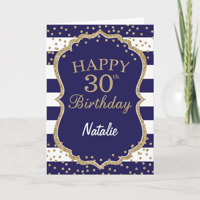 Navy Blue and Gold Glitter 30th Birthday Card (Front)