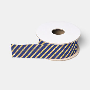 Navy Blue and Gold Glitter Diagonal Stripe Pattern Grosgrain Ribbon
