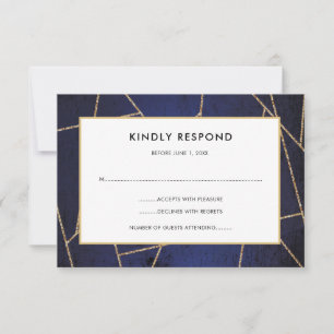 Navy Blue and Gold Glitter Geometric Lines RSVP Card