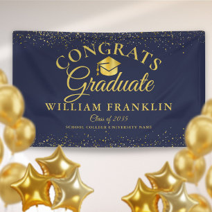 Navy Blue And Gold Glitter Modern Graduation Banner
