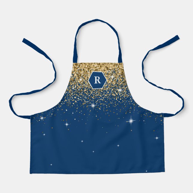 Navy Blue and Gold Glitter Modern Hexagon Monogram Apron (Front)