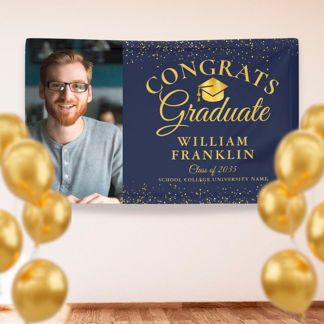 Navy Blue And Gold Glitter Modern Photo Graduation Banner (Creator Uploaded)