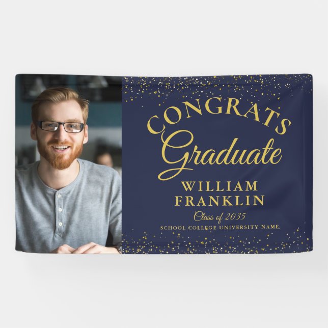 Navy Blue And Gold Glitter Photo Graduation Banner (Horizontal)