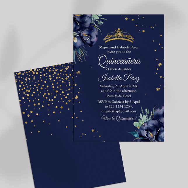  Navy Blue and Gold Glitter Tiara Quinceanera Invitation (Navy Blue and Gold Glitter Tiara Quinceanera Invitation on off-white background.)