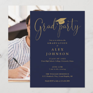 Navy Blue And Gold Grad Party Photo Graduation Invitation