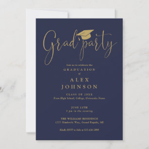 Navy Blue And Gold Grad Party Script Graduation Invitation