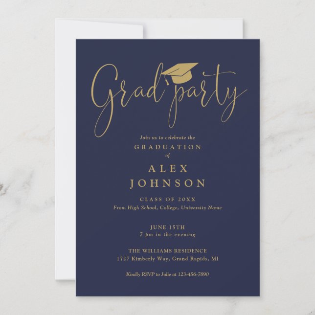 Navy Blue And Gold Grad Party Script Graduation  Invitation (Front)