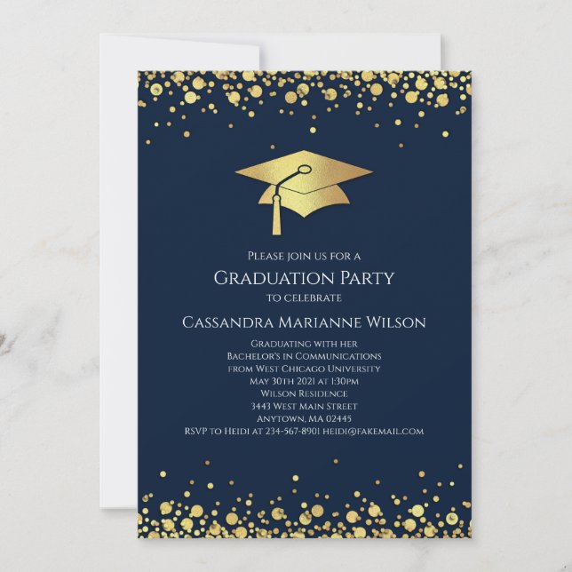 Navy Blue and Gold Graduation Invitation (Front)